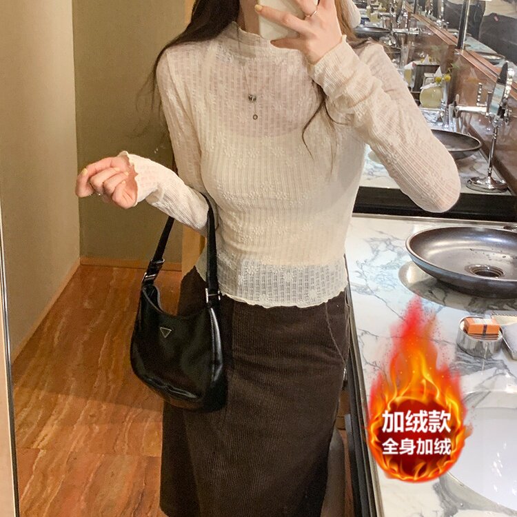 半高领网纱蕾丝内搭女秋季2026木耳边高级感加绒气质时尚打底衫女
