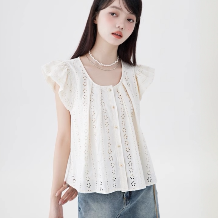 纯棉法式蕾丝镂空小飞袖衬衫女夏荷叶边褶皱宽松娃娃衫设计感上衣