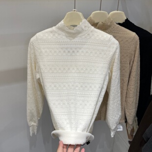 半高领加绒蕾丝边打底衫女秋冬新款设计感法式钩花高级长袖上衣潮