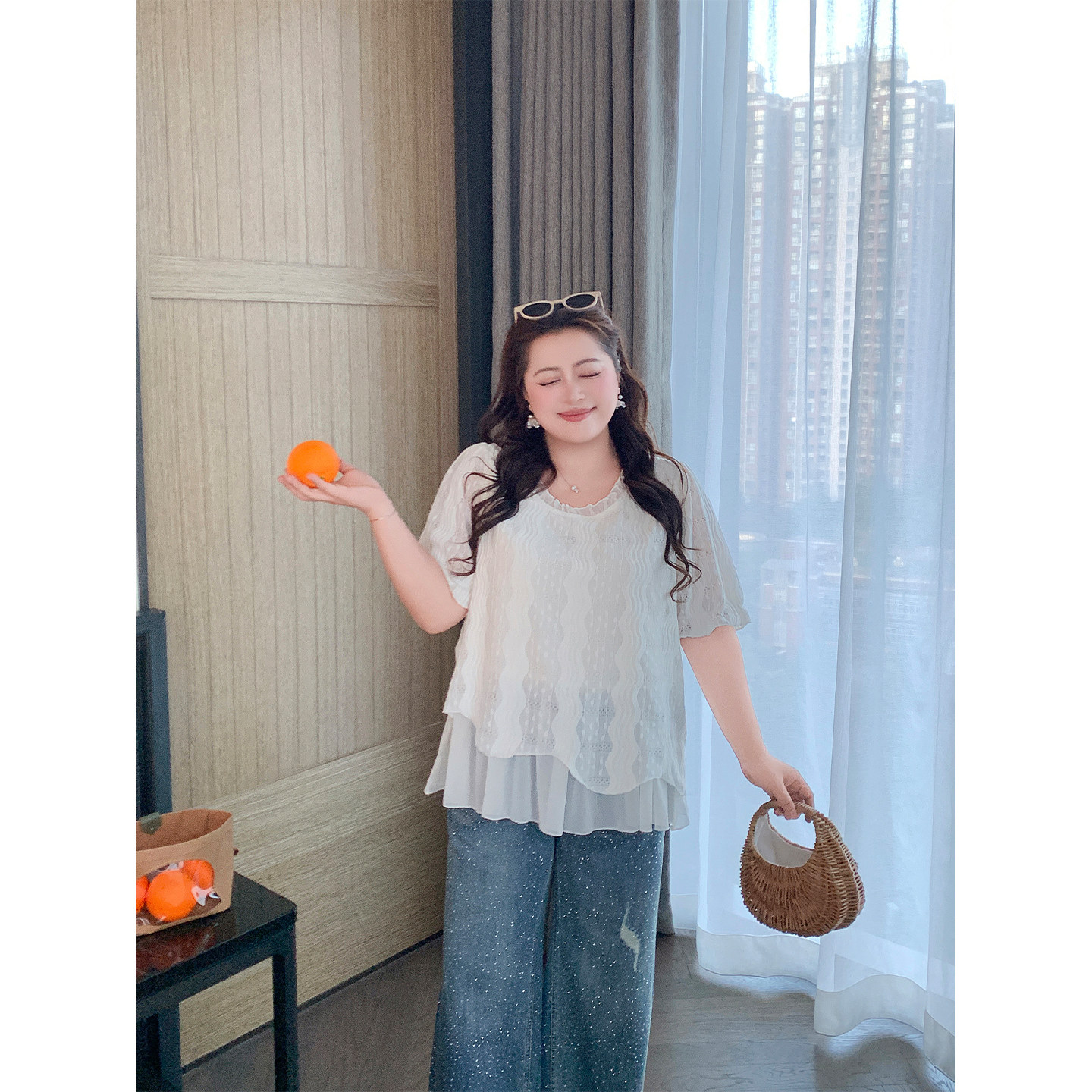 网纱拼接假两件短袖上衣女夏季温柔宽松遮肉胖MM大码百搭新款小衫