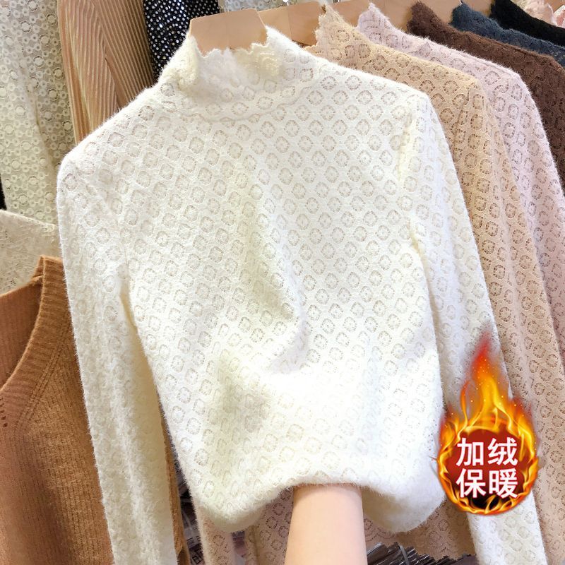 加绒加厚高领蕾丝保暖打底衫女潮