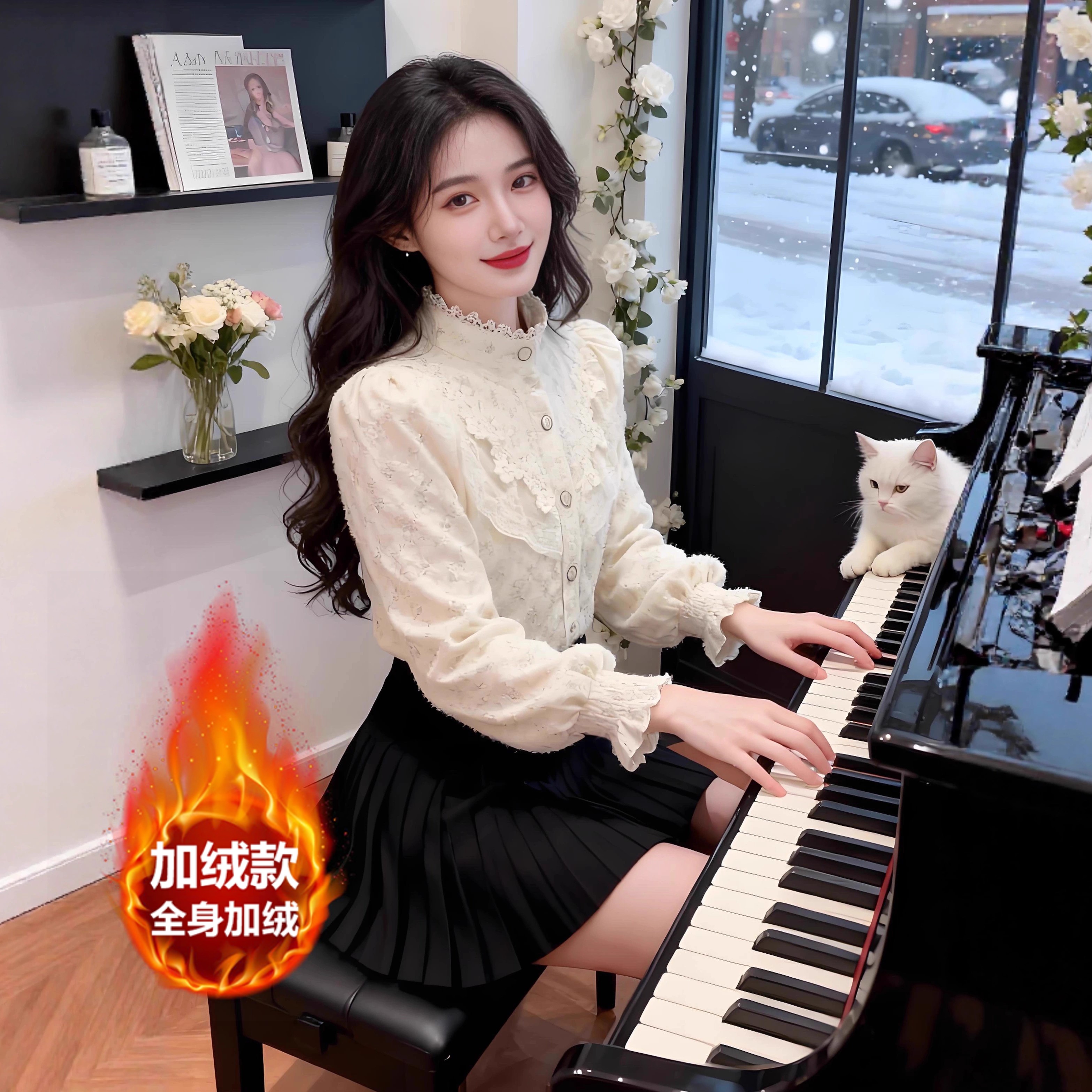 秋冬独特加绒蕾丝打底衫女2025新款内搭高级感轻奢洋气长袖上衣