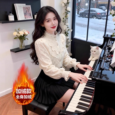 2025秋冬独特加绒蕾丝打底衫女