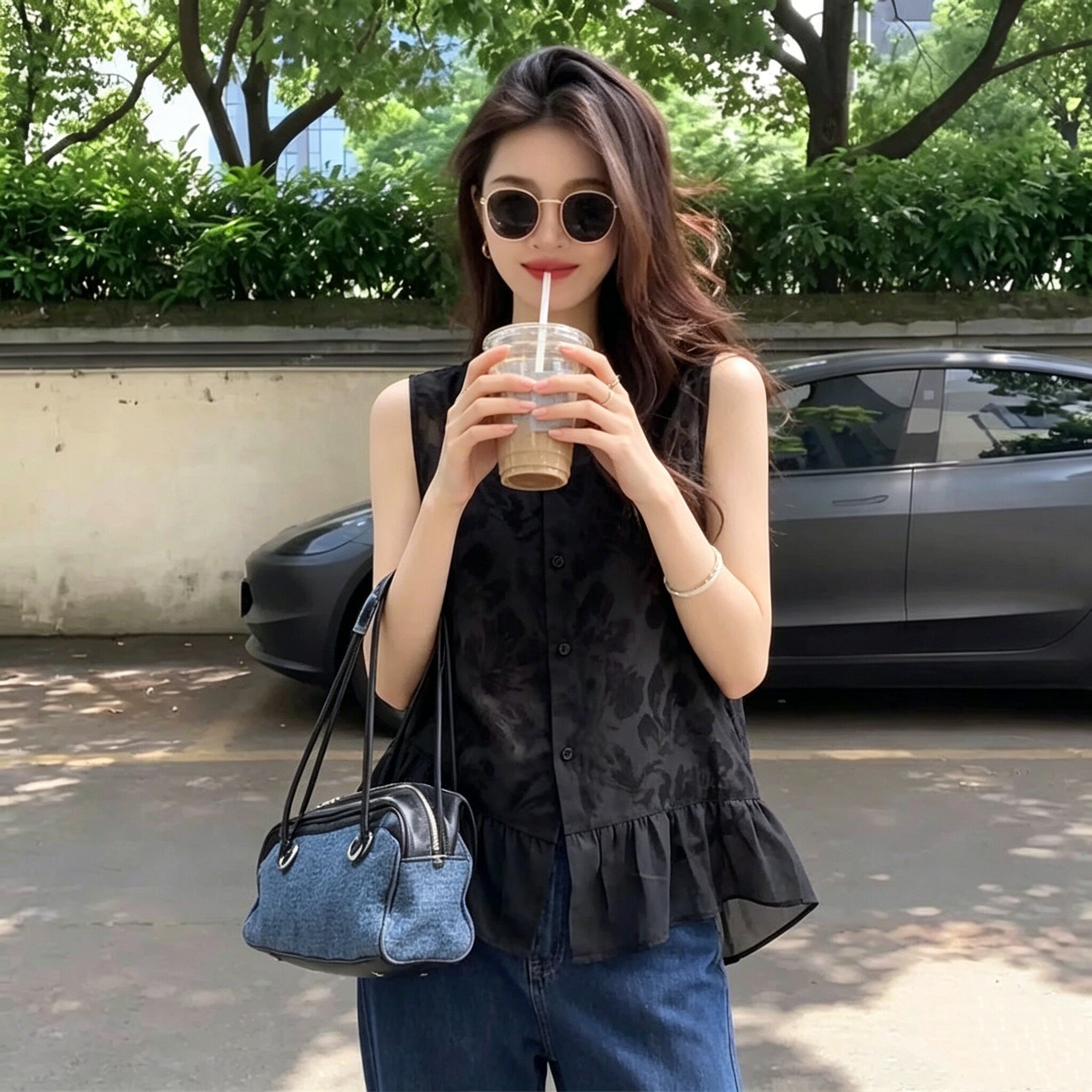 单排扣网纱荷叶下摆无袖衬衫女夏季宽松遮胯温柔气质显瘦百搭上衣
