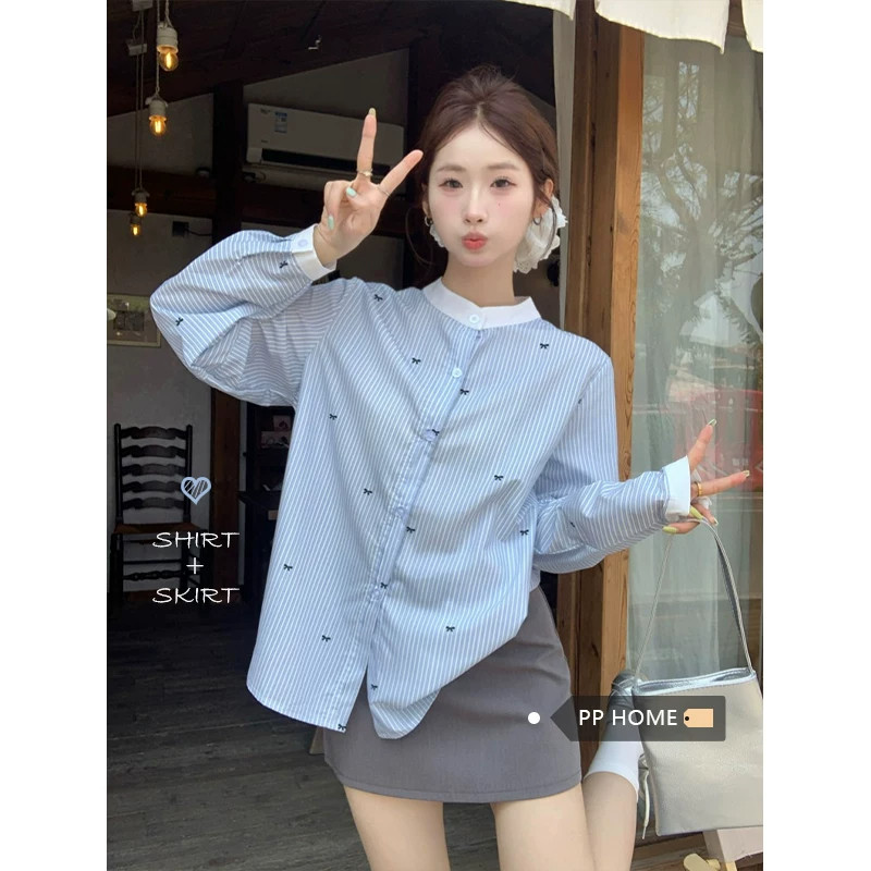韩系慵懒风蝴蝶结印花设计感气质圆领女长袖时尚宽松条纹独特上衣