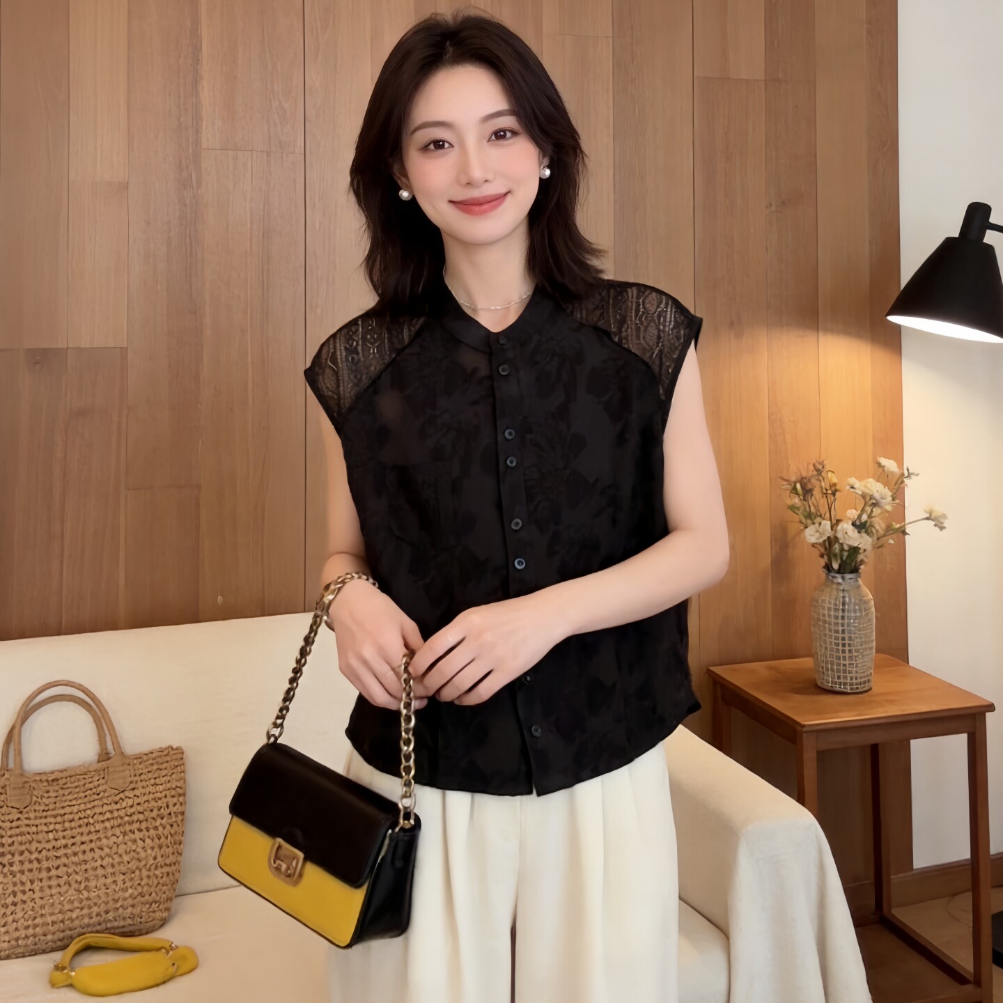 蕾丝拼接无袖透气衬衫上衣女夏季新款韩版时尚气质显瘦百搭小衫潮