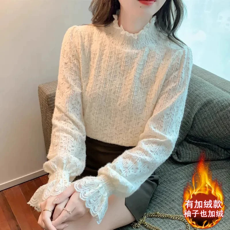 半高领蕾丝打底衫加绒女秋冬2023年新款超仙甜美加厚雪纺长袖上衣