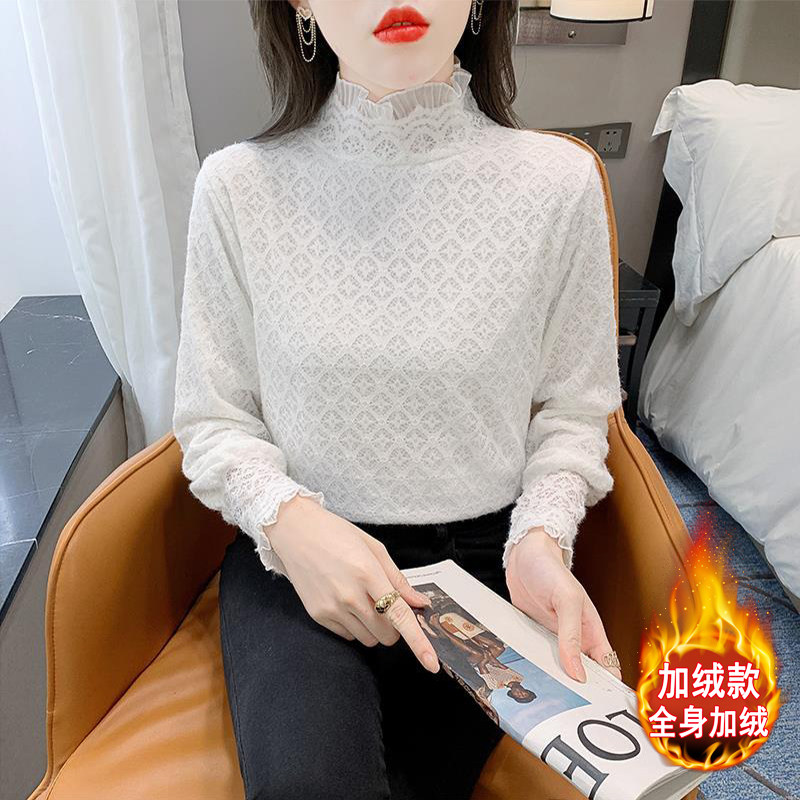 半高领钩花加绒蕾丝打底衫女秋冬