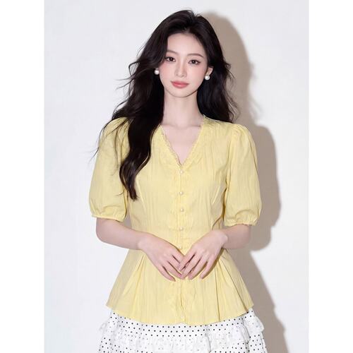 胖MM绑带蕾丝拼接短袖衬衫女夏季