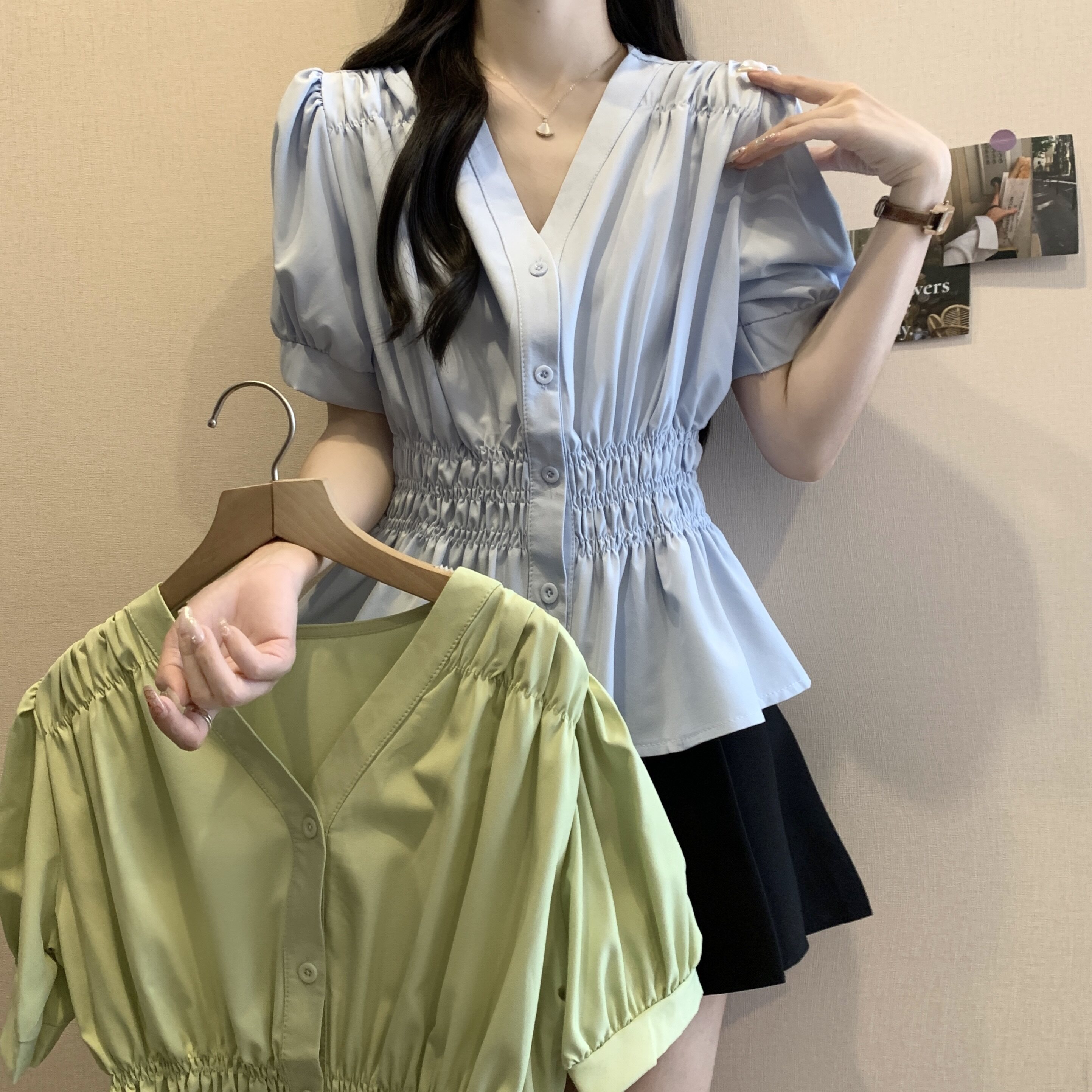 大码胖mm收腰短袖衬衫女夏季新款
