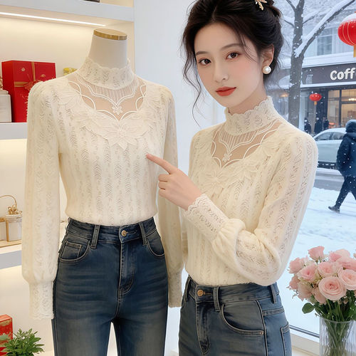 秋冬新款加绒蕾丝打底衫女半高领