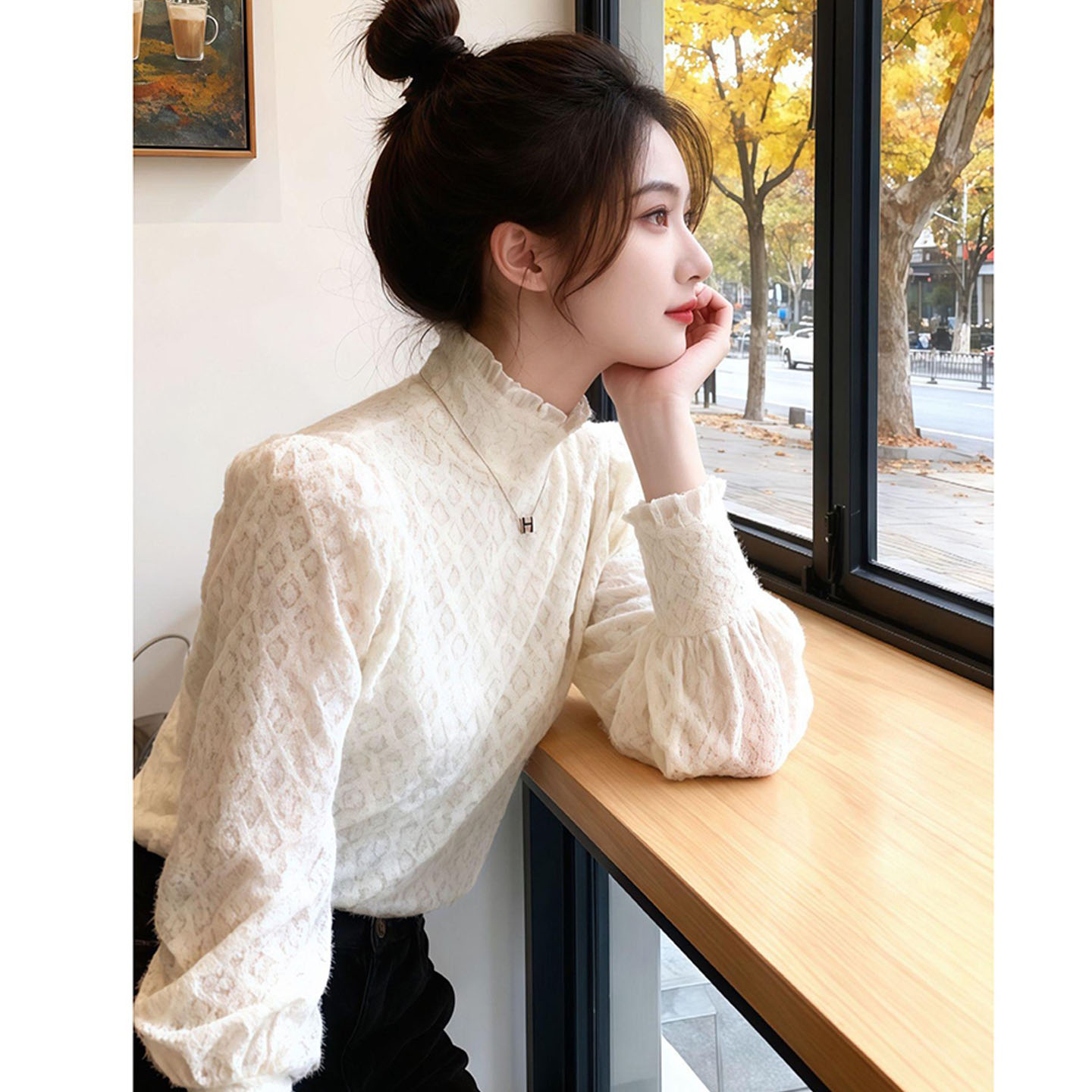 加绒半高领长袖蕾丝打底衫女秋冬