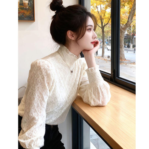 加绒半高领长袖蕾丝打底衫女秋冬