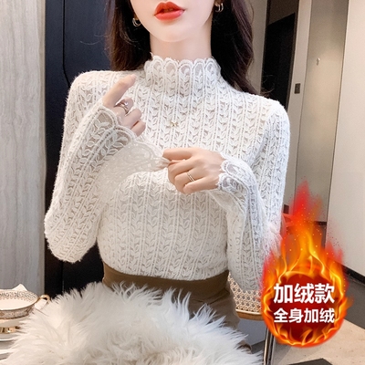 加绒加厚半高领蕾丝打底衫女内搭