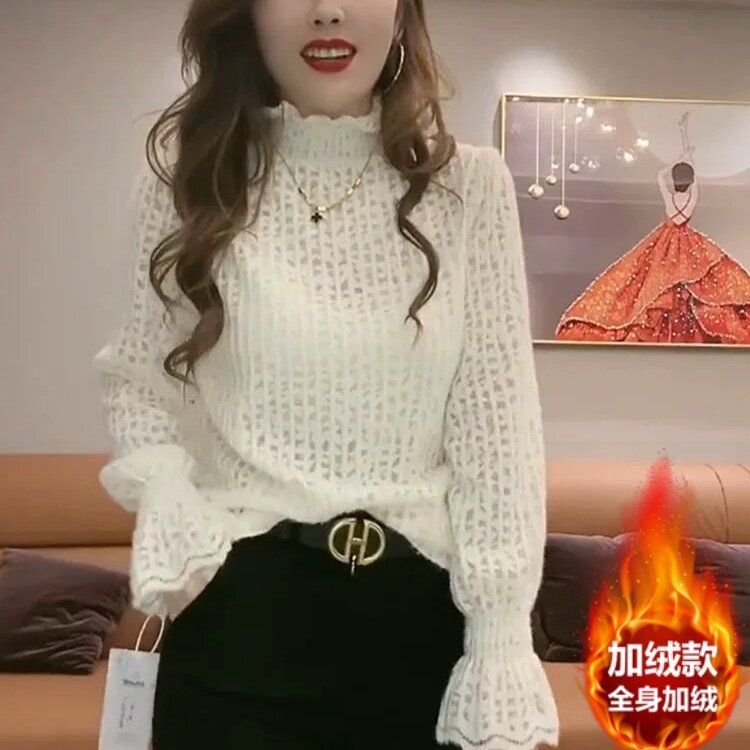 秋冬大码上衣法式半高领蕾丝复古高级感时尚百搭女长袖蕾丝打底衫