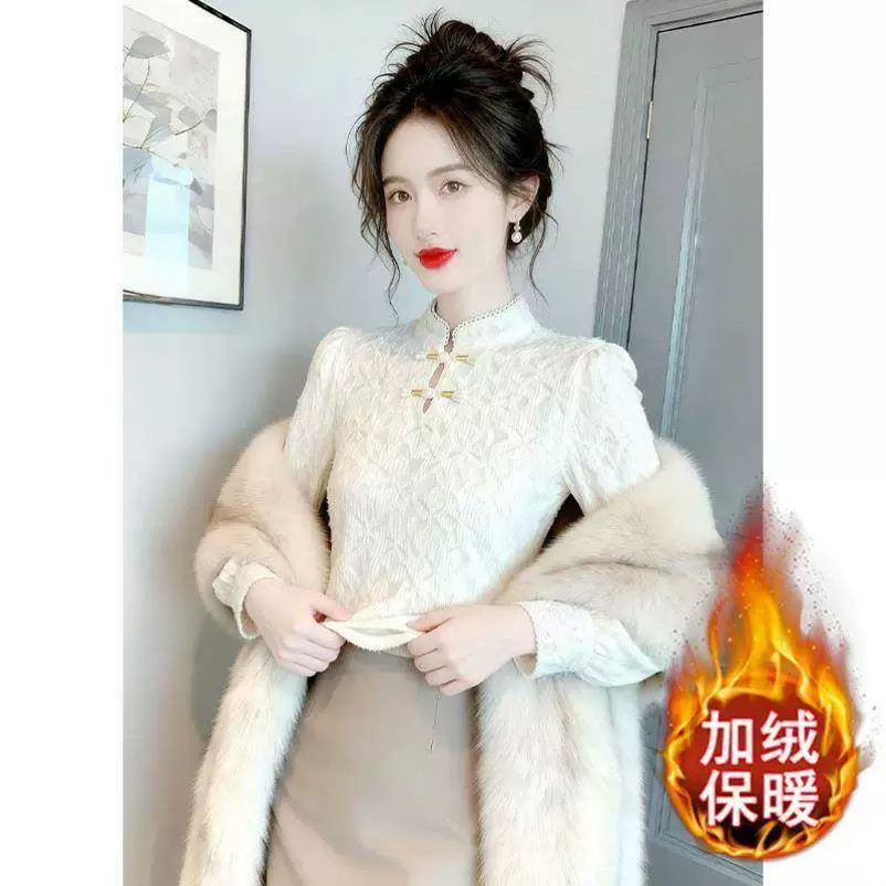 法式宫廷风半高领磨毛蕾丝打底衫女2026秋冬新款加绒内搭长袖上衣