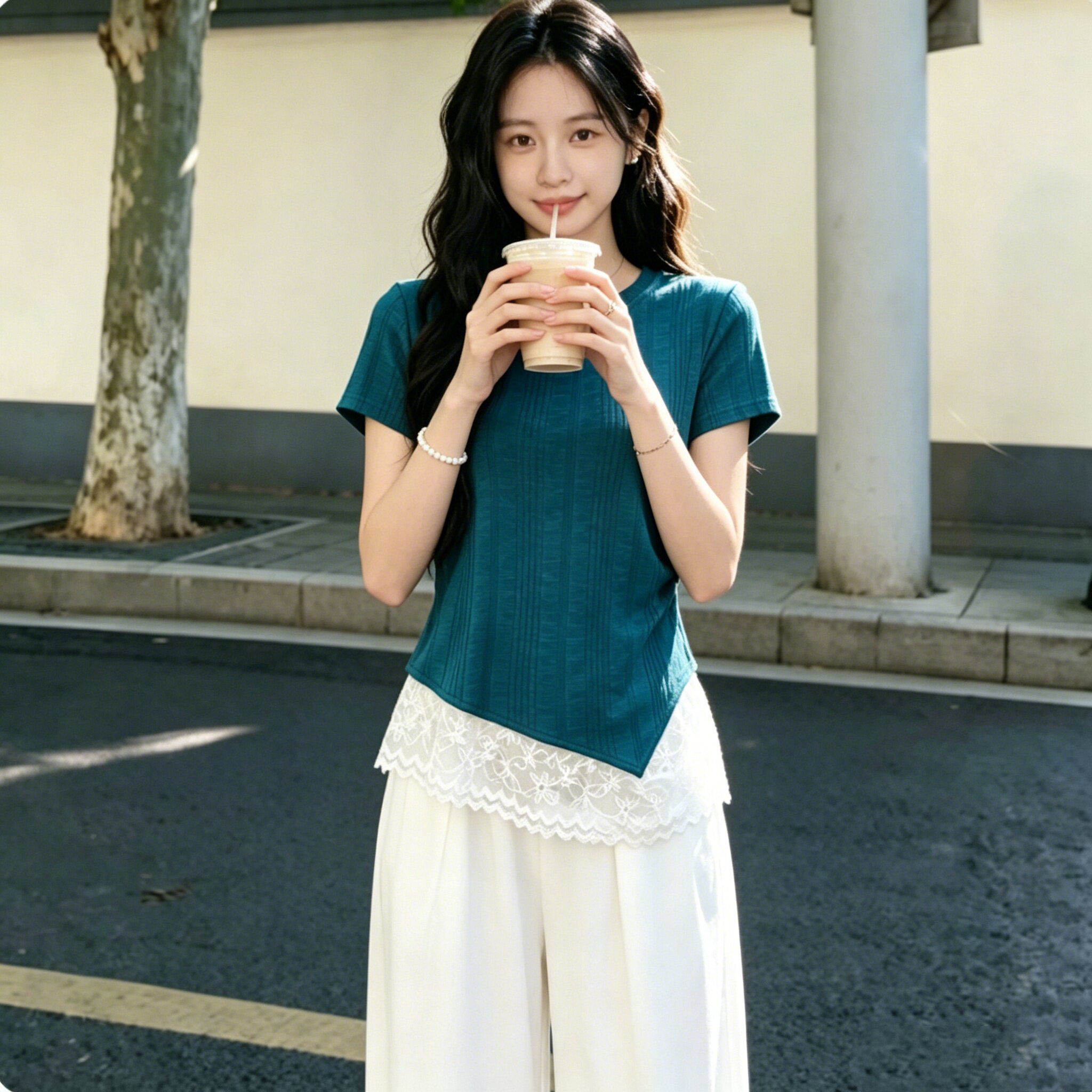 蕾丝碎花拼接假两件短袖上衣女夏季遮胯减龄温柔显瘦大码胖MM上衣