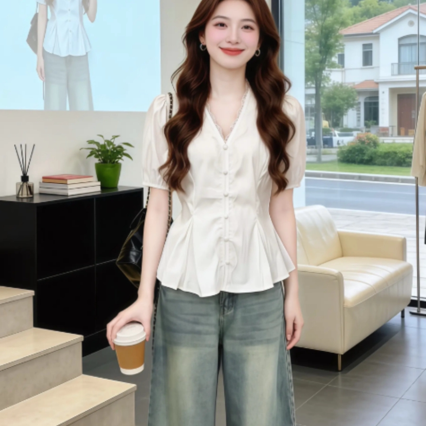 夏季薄款V领泡泡袖显瘦短袖衬衫