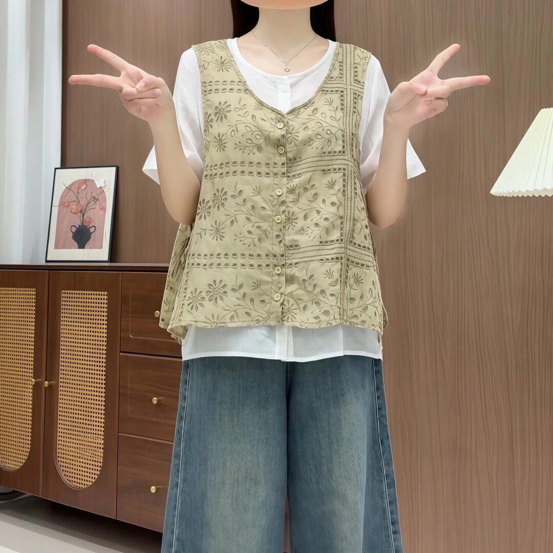 大码胖mm洋气镂空刺绣百搭假两件衬衫女夏季新款宽松显瘦上衣T恤