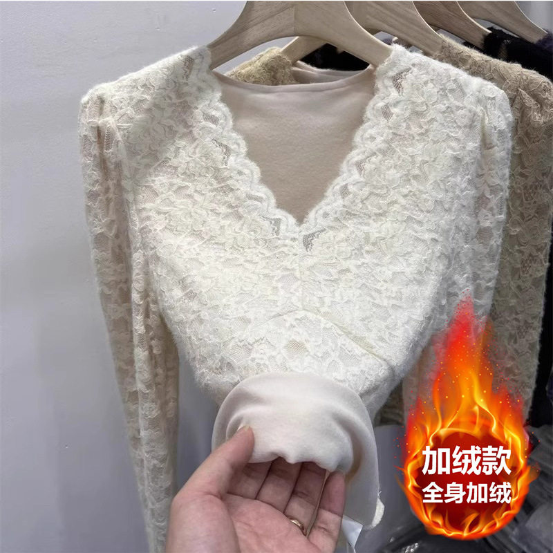秋冬加绒修身蕾丝打底衫女时尚洋气保暖百搭内搭小衫V领长袖上衣,女装/女士精品,蕾丝衫/雪纺衫,淘宝优惠券,粉丝福利购,淘宝优惠卷