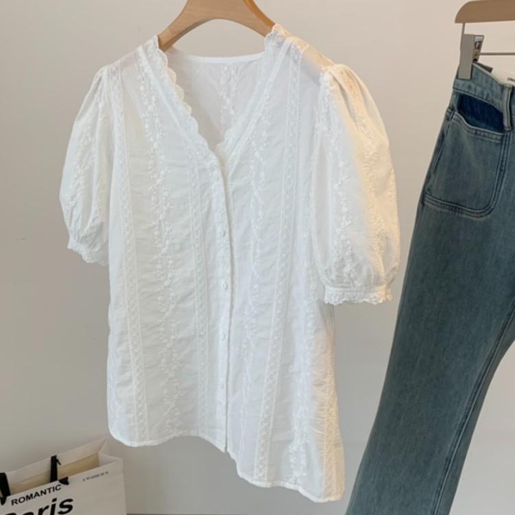 2025新款纯棉法式蕾丝V领衬衫潮