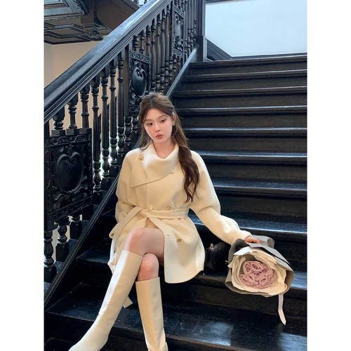 加厚系带围脖领双面呢大衣女冬