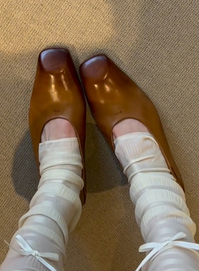 单鞋女设计感小众复古风真皮方头芭蕾鞋女低跟百搭软皮单鞋棕色