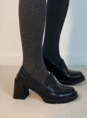 2025新款夏季粗跟乐福鞋女外穿百搭增高通勤复古高跟一脚蹬单鞋子