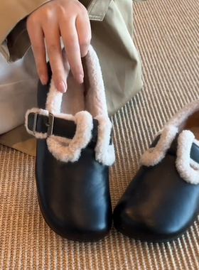 冬季新款加绒毛毛鞋女外穿韩版百搭软底勃肯圆通一脚蹬棉鞋乐福鞋