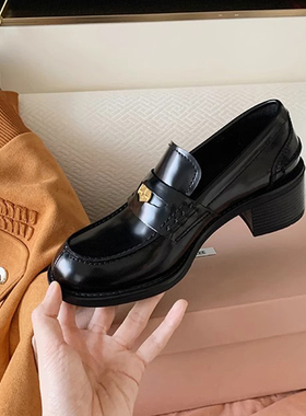 升级版~张元英同款miu风金币英伦学院粗跟高跟真皮乐福鞋女小皮鞋