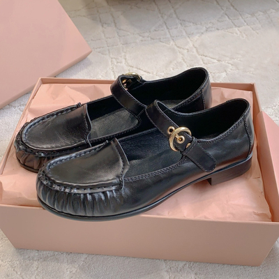 爆款2026玛丽珍鞋女一字带褶皱真皮平底miu风乐福鞋休闲百搭女鞋