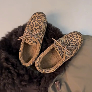 复古豹纹乐福鞋女加绒保暖圆头系带绑带平底休闲舒适百搭豆豆鞋女