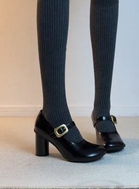 高端品~乖乖头高跟玛丽珍鞋女字带皮带扣乐福鞋大头粗跟工作单鞋