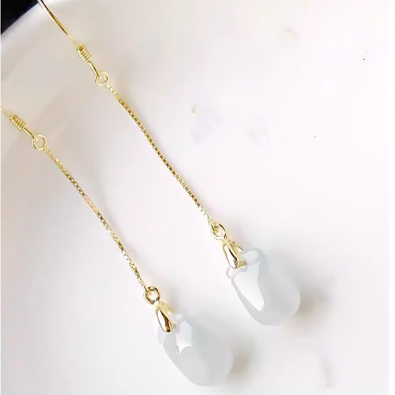 天然A货翡翠阳绿耳环钱袋耳坠18k金耳线淡绿色冰种玉石福袋耳针