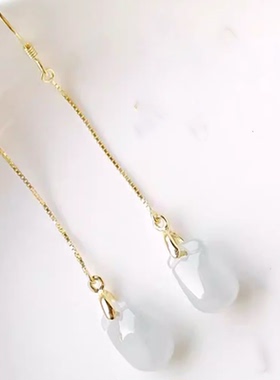 天然A货翡翠阳绿耳环钱袋耳坠18k金耳线淡绿色冰种玉石福袋耳针