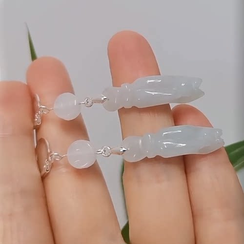 天然翡翠玉石a货白色佛手耳坠纯925银耳环耳线饰品