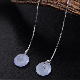 翡翠耳环耳坠天然翡翠冰种平安扣环耳饰925银镶嵌长耳线A玉石耳钉