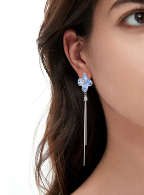海盐冰晶碎冰花耳环女渐变水晶流苏耳钉蓝色耳坠四叶草不对称耳饰