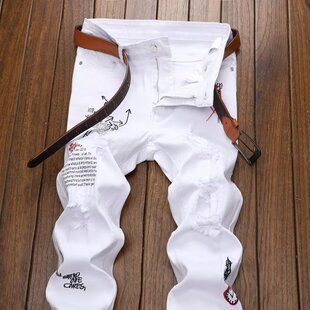 秋季新款个性白色刺绣牛仔裤男士潮流休闲长裤弹力百搭修身黑裤子