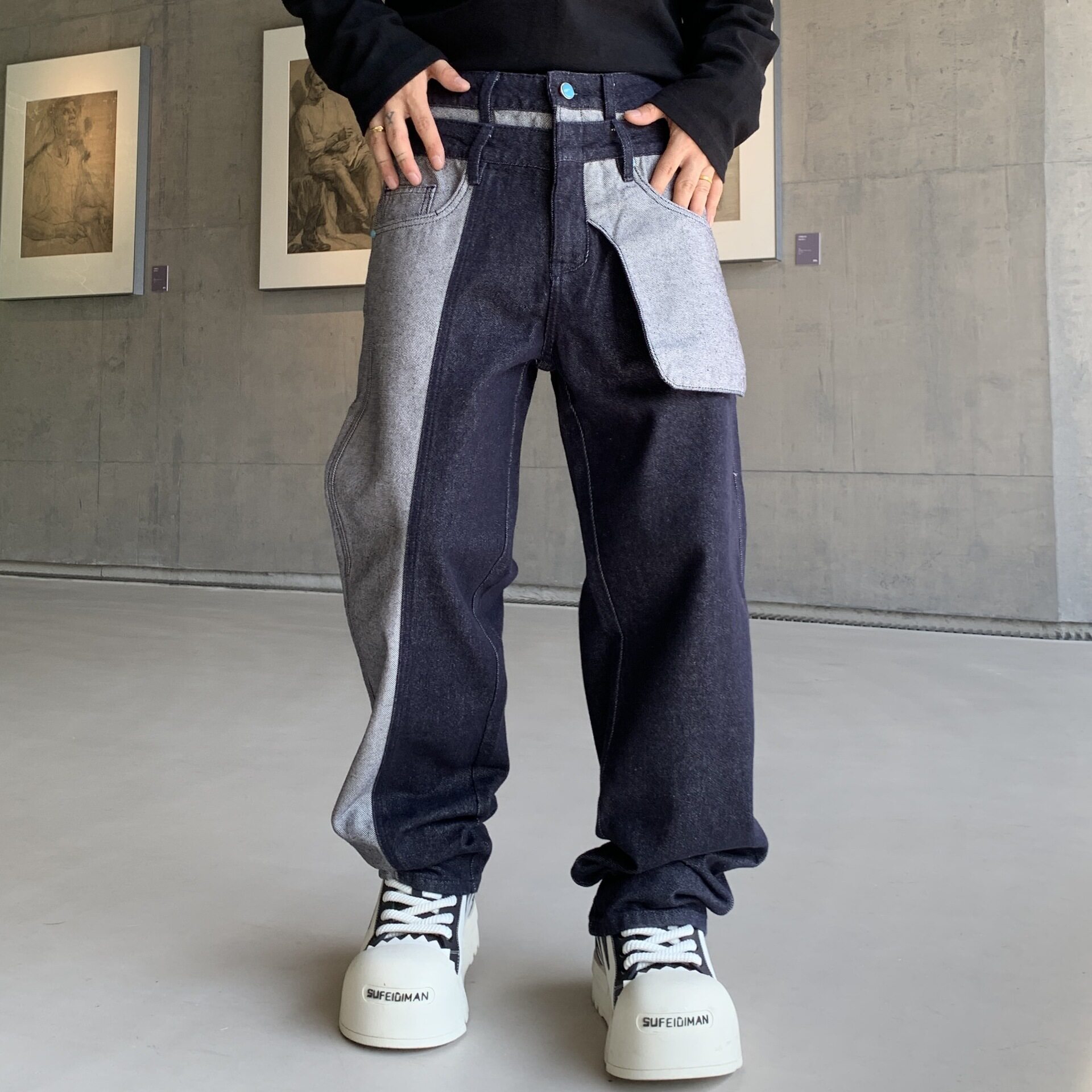 解构外翻口袋深蓝色拼接设计牛仔裤男女复古宽松直筒垂感休闲裤子