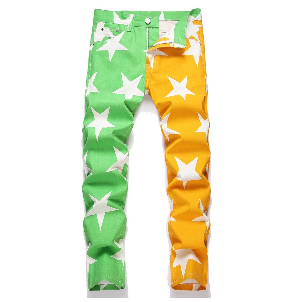 糖果色牛仔裤男秋冬季款韩版彩绘印花弹力修身黄色亮色潮男长裤子