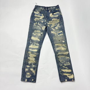 冬季潮牌假破洞补丁高街毛边刮烂牛仔裤男牛王糜烂刺绣乞丐裤长裤