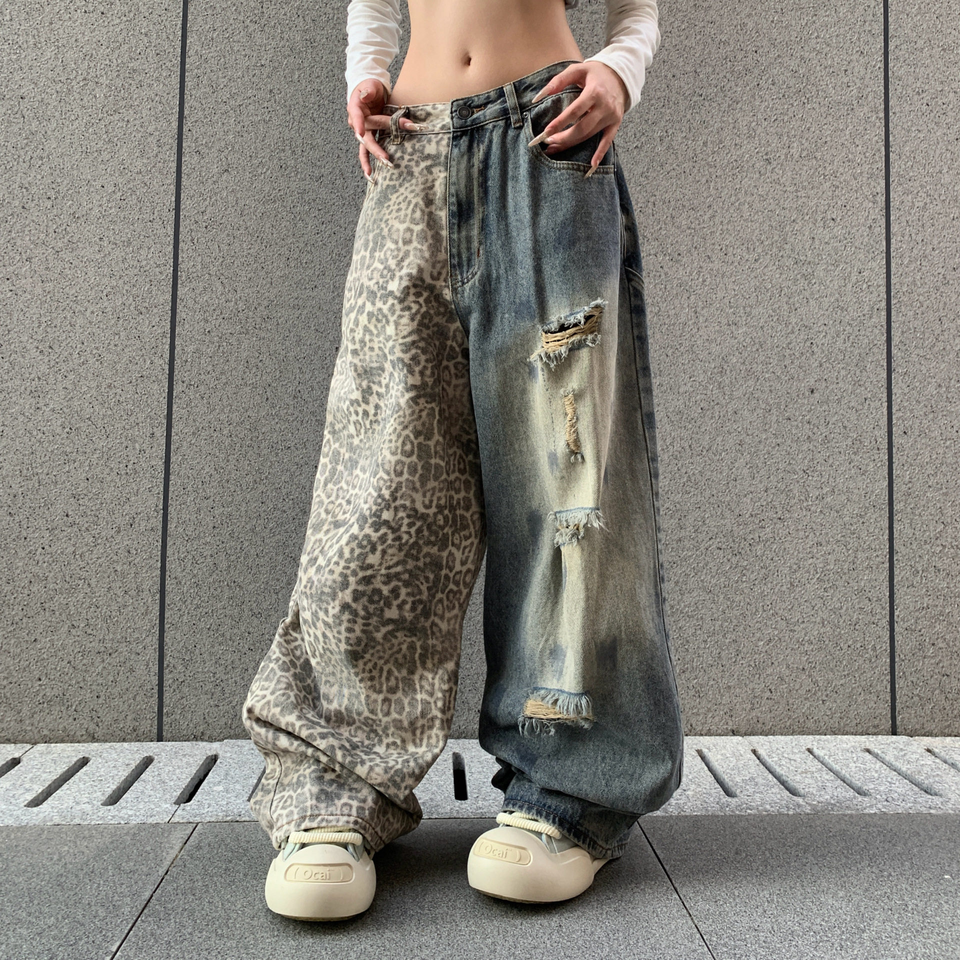 美式vibe大码水洗做旧豹纹破洞牛仔裤男女款街头宽松显瘦阔腿长裤