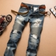 褶皱补丁修身 欧美秋季 潮流BIKER破洞直筒裤 男士 机车牛仔裤 乞丐裤