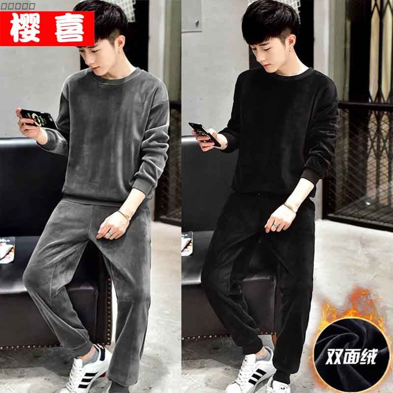 秋冬季加绒加厚男款金丝绒运动套装长袖卫衣哈伦裤两件套休闲长裤