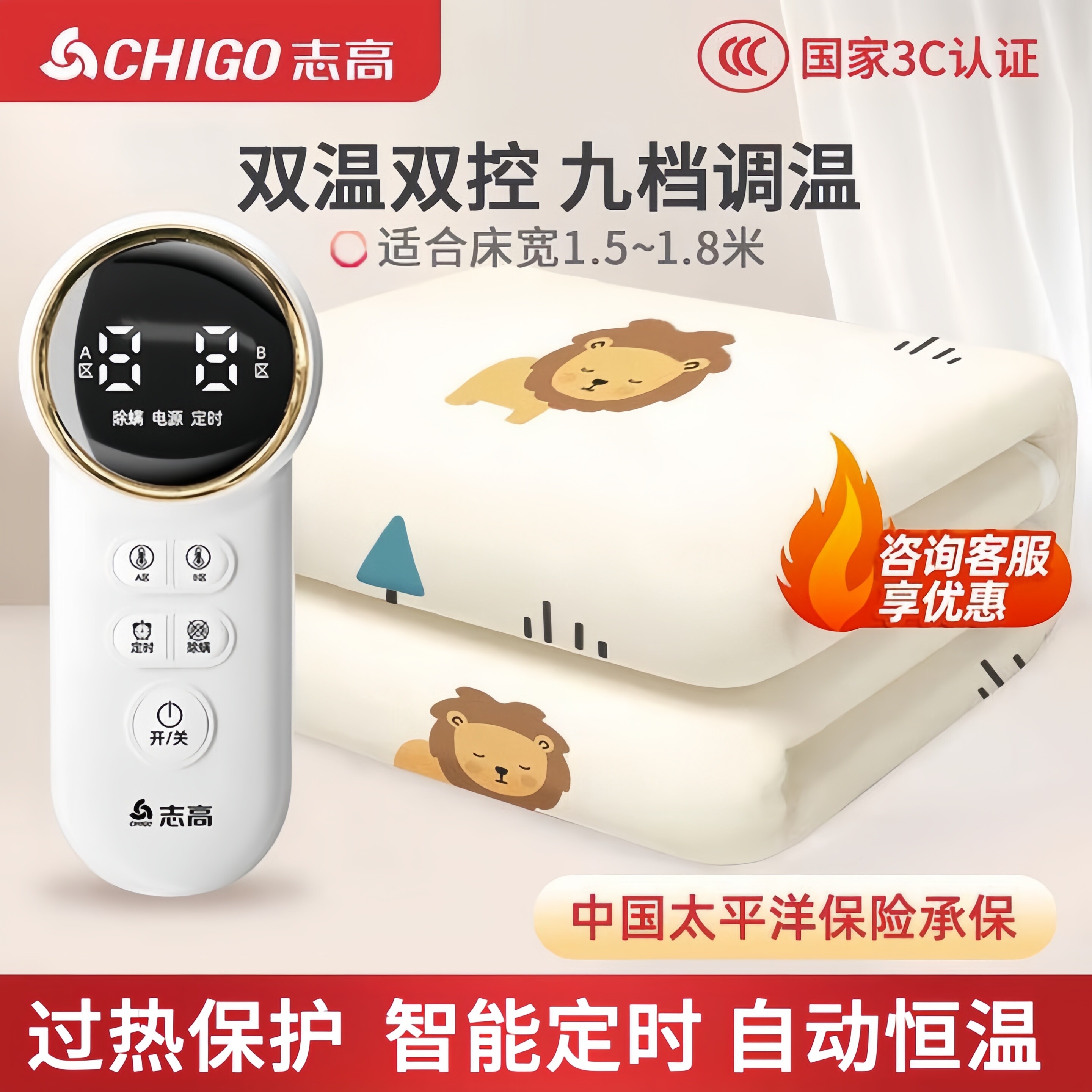 志高电热毯除螨家用双控定时断电
