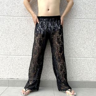 高级感立体雕花水溶蕾丝宽松大码男士睡裤家居裤镂空半透直筒裤