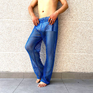 禁欲系网红爆款格子大网眼镂空性感长裤宽松大码居家休闲裤直筒裤