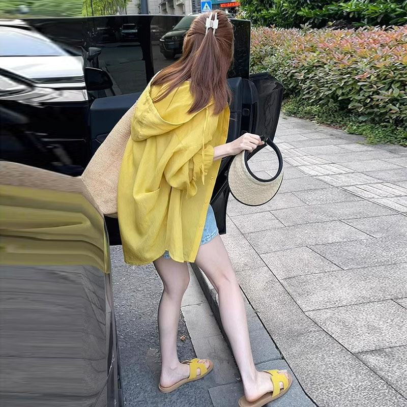 RIERA2025新款上衣黄色连帽长袖防晒衬衫薄款轻奢高级感女夏季
