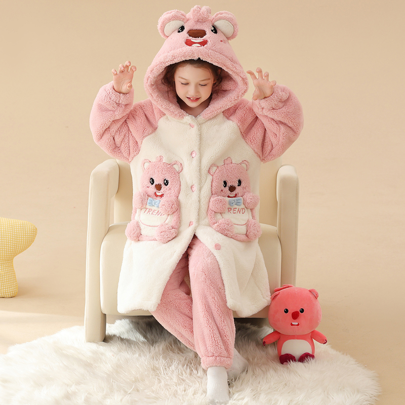 海狸露比睡袍冬季珊瑚绒宝宝儿童睡衣男女孩卡通法兰绒家居服浴袍